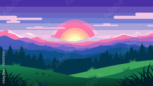 Vibrant flat vector landscape illustration of serene mountain sunrise, showcasing tranquil forest, rolling hills, and a dazzling colorful sky