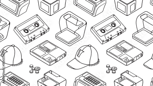 A seamless line art pattern featuring retro 80s/90s electronic gadgets and a baseball cap.
