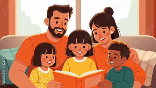 Illustrative portrait of a loving family enjoying a storybook together, fostering connection