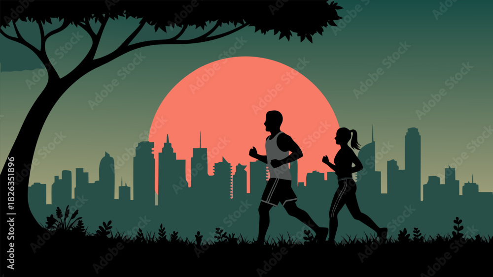 Obraz premium Athletic couple jogging at dawn or dusk in urban park, city skyline silhouette, vibrant vector illustration