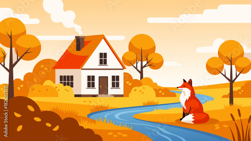 Idyllic Autumn Scene Featuring a Quaint Cottage, Vibrant Fall Foliage, and a Lone Fox by a Gentle Stream in the Countryside