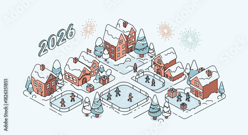 Celebrate Winter 2026 with Festive Ice Skating in Quaint Village, Perfect for Holiday Greetings and Seasonal Promotions, a Joyful and Nostalgic Scene