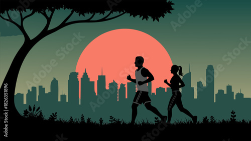 Athletic couple jogging at dawn or dusk in urban park, city skyline silhouette, vibrant vector illustration
