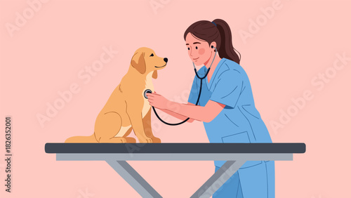 A veterinarian carefully examining a cute golden retriever puppy on a check-up table