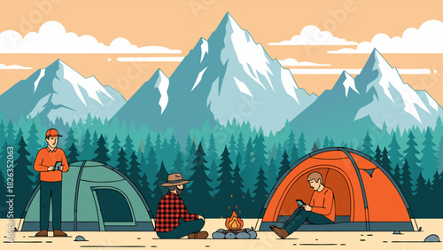 Friends Enjoying Majestic Mountain Camping Adventure with Tents and Campfire, Blending Nature with Digital Comfort