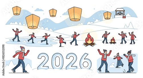 Celebrate 2026 Winter Games: Joyful ice skaters, campfires, and floating lanterns create a festive atmosphere for winter sports enthusiasts and event organizers