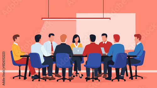 Diverse business team collaborating in a dynamic meeting, fostering teamwork and strategic decision-making in a modern conference room setup