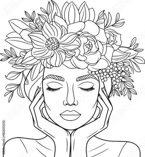 A line art illustration of a beautiful woman with her hands near her face and elaborate floral headpiece.