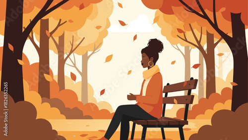 Serene Autumn Moment Young Woman Finds Tranquility Amidst Falling Leaves in a Golden Park Setting