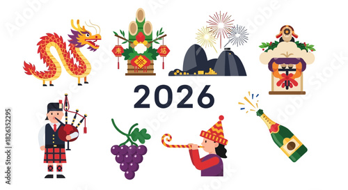 Exciting 2026 new year celebration with dragon, champagne and fireworks, symbolizing prosperity, joy, and cultural festivities for a bright future
