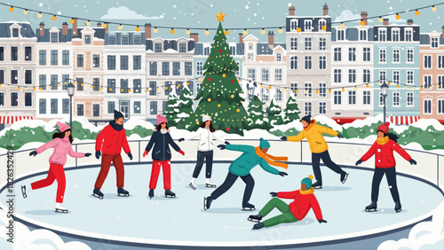 Happy Skaters Enjoying Festive Winter Fun on an Outdoor Ice Rink in a Lively City