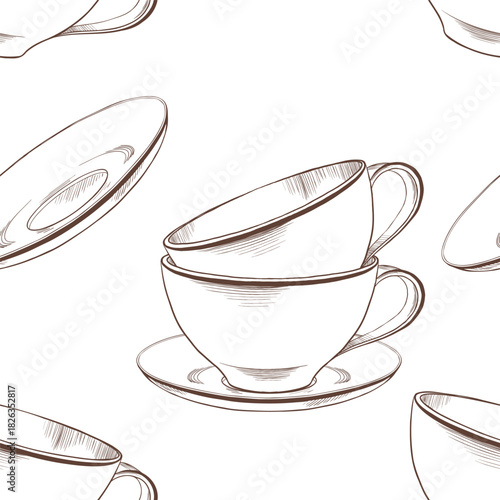 Seamless pattern of stack of white porcelain or ceramic tea cups and saucers as part of a table setting. Hand drawn vector illustration in minimalistic style for decoration of cafe,menu,packaging