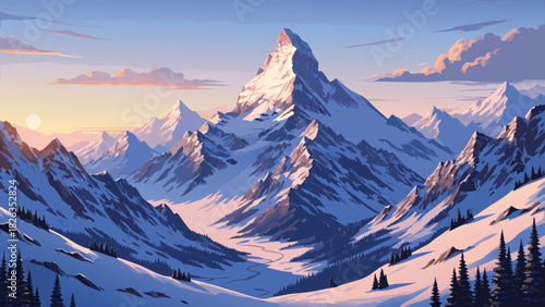 Breathtaking panoramic view of majestic snow-capped mountain peaks bathed in the golden light of dawn