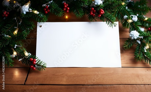 Copy space blank paper on wooden table with fir green fir branches as a frame christmas decoration winter background christmas background christmas holiday background winter decoration celebration