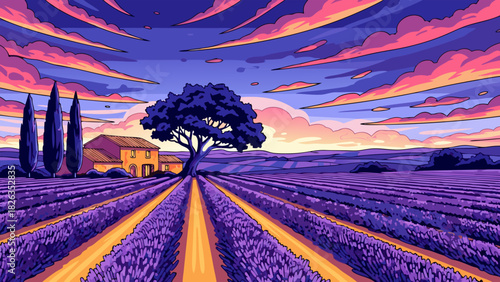 Vibrant pixelated landscape serene lavender field at sunset, picturesque countryside beauty