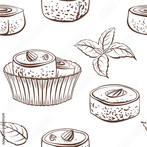 Classic Rahat Lokum in paper cup and mint leaves in stylized vector seamless pattern-chewy pistachio-filled squares dusted with icing sugar.Minimalistic illustration in monochrome for food packaging