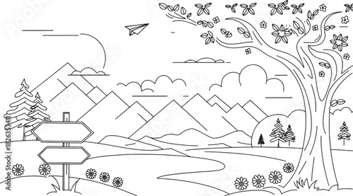 A line art landscape of mountains, trees, butterflies, and a signpost.