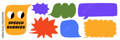 Round and wavy speech bubbles designed in a naive style. Childish paper textures bring a playful artistic mood. Perfect for creative backgrounds or text decoration