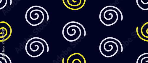 Seamless doodle pattern with white and yellow spirals on dark background. Modern swirl design in minimal geometric style. Vector illustration on an isolated background.