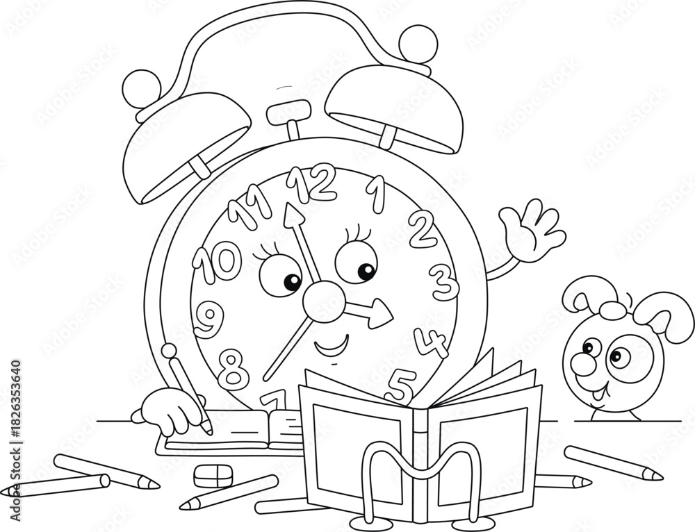 Fototapeta premium Cartoony alarm clock and funny little puppy doing school homework, writing in an exercise book and reading a textbook, black and white vector cartoon illustration for a coloring book