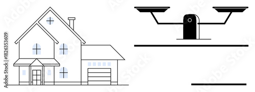 Suburban home with garage paired with a balance scale, reflecting property, fairness, and stability. Ideal for real estate, legal decisions, agreements, ethics, balance home values simple flat