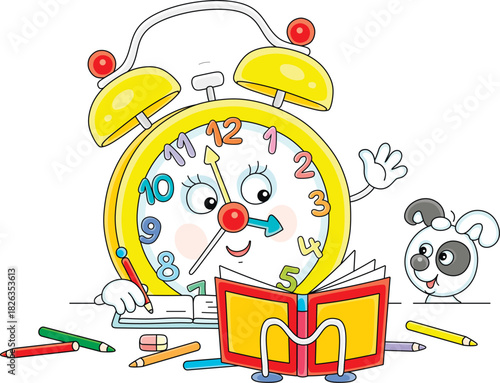 Cartoony alarm clock and funny little puppy doing school homework, writing in an exercise book and reading a textbook, vector cartoon illustration on a white background