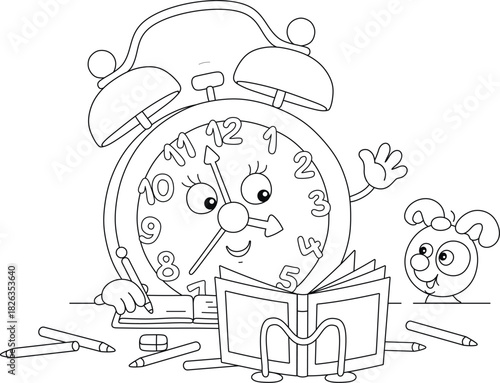 Cartoony alarm clock and funny little puppy doing school homework, writing in an exercise book and reading a textbook, black and white vector cartoon illustration for a coloring book