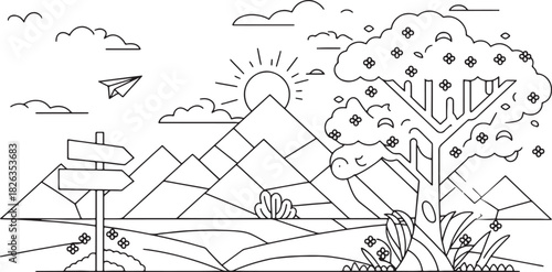 A line art landscape of mountains, trees, butterflies, and a signpost.