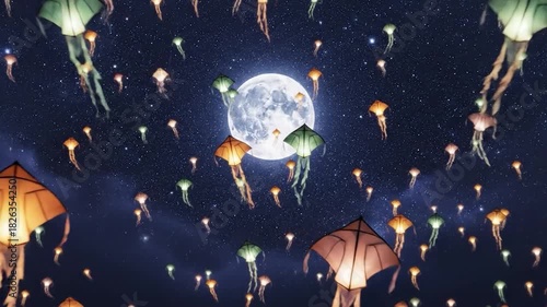 Enchanting Night Sky with Luminous Jellyfish Kites and Full Moon.