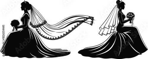 Elegant silhouettes of two brides in flowing wedding dresses with veils and bouquets, depicted in a classic and timeless illustration style