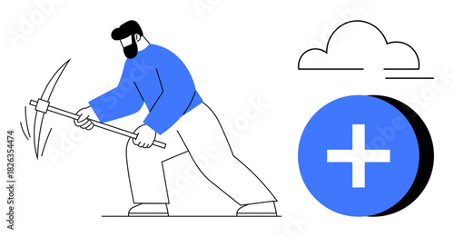 Digital mining concept. Male worker holding a pickaxe digital mining processes. Digital mining illustrated with tools, cloud, and technology symbols. For blockchain, cryptocurrency, data storage