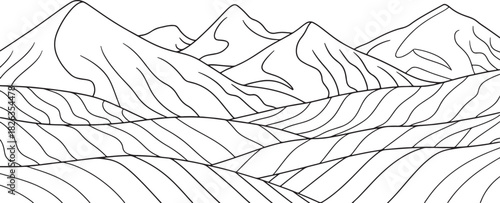 A minimalist line art landscape of mountains and rolling hills with contour lines.
