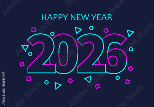 Feliz año nuevo 2026 contorno con confeti geométrico