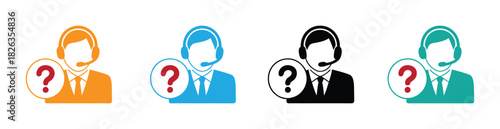 Customer Service Icon On White Background. Vector icons of customer support headsets with chat bubbles. Includes plain, question mark, and 24 /7 text variations. Perfect for contact, help, and service