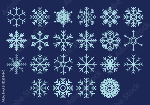 Hoja de iconos de copos de nieve azules sobre fondo oscuro