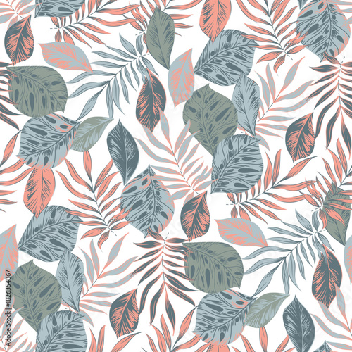 topical leaves seamless pattern on white background
