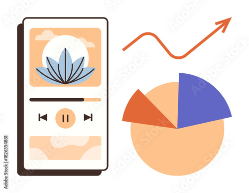 Smartphone screen displaying a calming music app with lotus art, pie chart, and red arrow for growth or progress. Ideal for business, relaxation, mindfulness, growth, analytics, strategy motivation