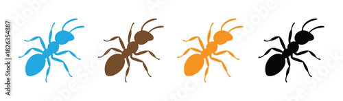 ant silhouette vector set design. cartoon ant with big eyes and six legs, smiling cheerfully. Simple flat vector perfect for children’s projects, books, or bug-themed designs.