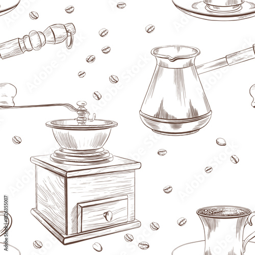 Eastern classic coffee pot and small coffee cup on a saucer with anise, cloves, and ginger as a symbol of oriental ceremonies,hospitality.Vector minimalistic line art for menu design,packaging