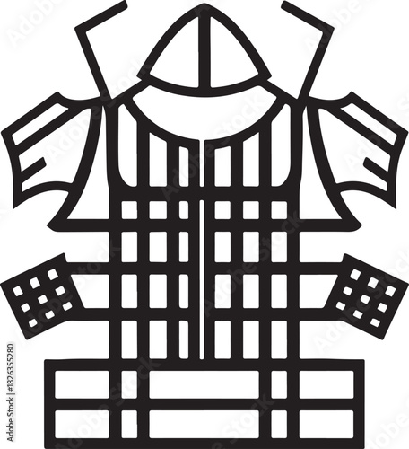 Minimal silhouette style vector samurai armor logo design featuring bold black shapes, traditional warrior elements, clean line art, strong cultural symbolism, modern branding icon perfect for martial