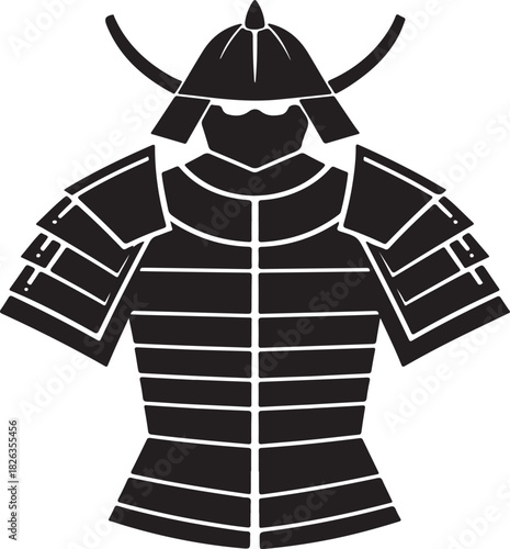 Minimal silhouette style vector samurai armor logo design featuring bold black shapes, traditional warrior elements, clean line art, strong cultural symbolism, modern branding icon perfect for martial