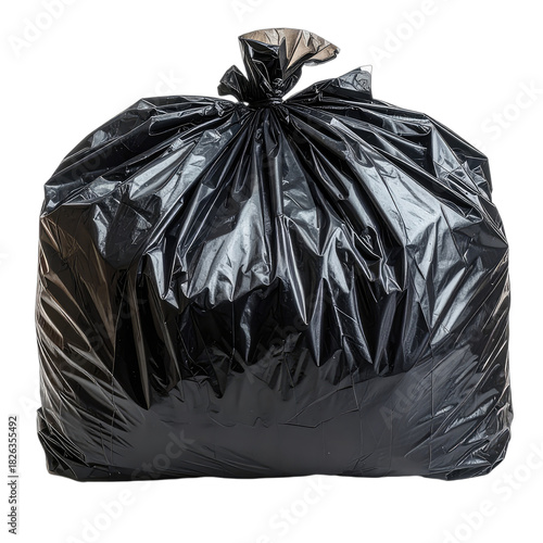 A large, full black trash bag tied at the top against a stark black background.