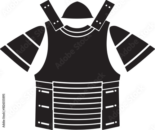 Minimal silhouette style vector samurai armor logo design featuring bold black shapes, traditional warrior elements, clean line art, strong cultural symbolism, modern branding icon perfect for martial