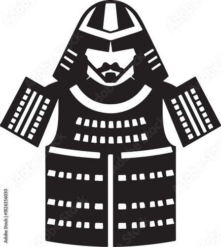 Minimal silhouette style vector samurai armor logo design featuring bold black shapes, traditional warrior elements, clean line art, strong cultural symbolism, modern branding icon perfect for martial