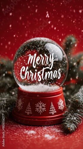 Festive christmas globe with snowflakes and holiday greetings on red background