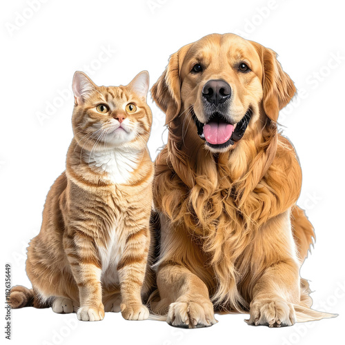 A studio portrait featuring an orange tabby cat sitting next to a happy Golden Retriever dog against a solid black background.