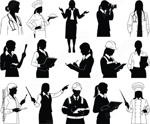 Silhouettes of professional women in various careers and occupations, isolated on