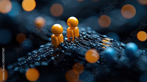 Two abstract orange human-like figures stand close together on a dark, intricate network of threads and spheres, illuminated by blurred orange and blue bokeh li