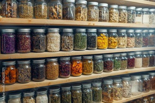 Wallpaper Mural Generative AI image of shelves filled with glass jars of dried herbs and plants for natural alternative herbal medicine Torontodigital.ca