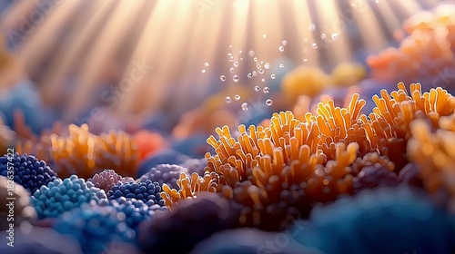 A close-up view of a colorful coral reef teeming with life, illuminated by warm sunbeams filtering through the water, with small bubbles rising.